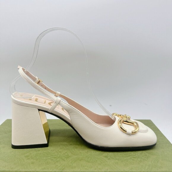 Gucci GG Slingback Horsebit Pumps Chunk Heel Mystic White Leather EU 39.5 US 9.5 - Picture 9 of 9